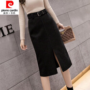 皮爾卡丹（pierre cardin）23年新款毛呢半身裙女秋冬新款包裙高腰顯瘦中長款開叉包臀裙加厚 黑色開叉 XL 建議121-130斤