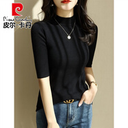 皮爾卡丹（pierre cardin）羊I毛半高領(lǐng)短袖針織衫毛衣女2025春秋新款短袖黑色修身打底上衣 黑色 3XL