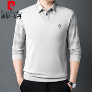皮爾卡丹（pierre cardin）長袖t恤男士半袖上衣服男士秋冬季假兩件打底衫翻領(lǐng) 米白色 XL