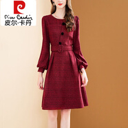 皮爾卡丹（pierre cardin）復(fù)古紅色燈籠袖格子連衣裙2025年春裝新款圓領(lǐng)系帶顯瘦毛呢a字裙 紅色 2XL