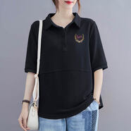 適合胖人穿的衣服加肥加肥婆夏裝上衣夏季新款短袖胖mm大碼女裝韓版寬松文藝翻領(lǐng)上衣休閑時尚純棉T恤 黑色  （LOVE） 2XL 建議130-150斤