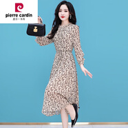 皮爾卡丹（pierre cardin）碎花長(zhǎng)袖連衣裙女2024新款春秋廣州十三行杭州裙子夏 米色 L 建議106-115斤