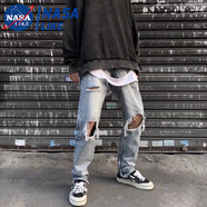 憶克薩 國潮高街破洞牛仔褲淺藍色割破流蘇乞丐褲潮牌顯瘦長(cháng)褲男 淺藍色 S