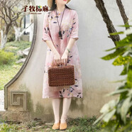 子牧棉麻夏裝 女中國風(fēng)立領(lǐng)印花改良旗袍復(fù)古五分袖連衣裙2612 粉色  L(建議110-120斤)
