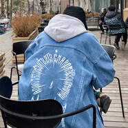 良茨胖子大碼牛仔外套男春秋棒球服潮牌牛仔夾克寬松大碼套裝夾克男 1103-3-JK975淺藍 5XL 205-240斤