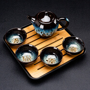 建盞功夫茶具套裝家用窯變天目釉茶杯茶壺茶盤(pán)陶瓷鈞窯沙金泡茶器 5頭（沙金/美人壺）+小四方（條紋）密胺/黑