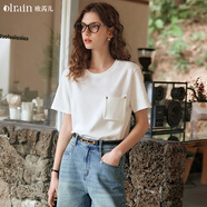 Olrain歐芮兒米白色短袖T恤夏季女裝簡約寬松別致百搭上衣衣服 米白色 XL