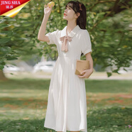 鏡莎夏季女生短袖夏天學(xué)院風(fēng)襯衫連衣裙學(xué)生裙子夏天22年新款法式小個(gè)子高中初中生女裝衣服顯瘦中長(zhǎng)裙子 杏色配粉領(lǐng)帶 XL