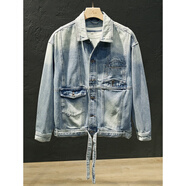 GUANGAN AEPE復古做舊水洗牛仔外套男系帶漸變重工休閑夾克美式高街設計感褂子 藍色 L