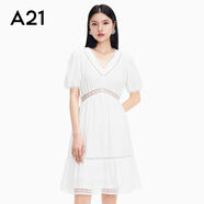 A21女裝夏季新款氣質(zhì)V領(lǐng)收腰連衣裙女士蕾絲純色拼接連衣裙 米白 S