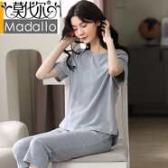 莫代爾睡衣女夏季裝短袖短褲中褲莫代爾薄款女裝夏天韓版家居服兩件套裝 2003灰藍 XL 【建議120-140斤】