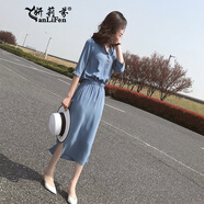 妍莉芬 黑色連衣裙女2020夏裝新款女裝韓版中長(zhǎng)款收腰顯瘦赫本長(zhǎng)裙港味氣質(zhì)雪紡裙子 藍(lán)色 XL