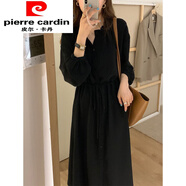 皮爾卡丹（pierre cardin）赫本小黑裙黑色襯衫裙法式復(fù)古長款打底內(nèi)搭雪紡九分袖連衣裙女秋 黑色 升級款消光斜紋雪紡 S