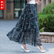 vuzrmm波西米亞沙灘長(zhǎng)裙2023夏季翠花雪紡半身裙長(zhǎng)款女復(fù)古印花大擺裙 藍(lán)底小花 S 1.8尺-1.9尺