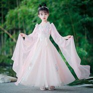 布戀貓秋季女孩漢服全套秋款季新款3-12歲中大兒童中國(guó)風(fēng)古裝超仙連衣裙 粉色+披肩 140 身高135-145