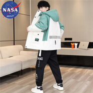 NASA ABOUT秋冬季冬天外套男孩青少年加厚羽絨服初高中學(xué)生大童冬裝休閑套裝 D21米綠色+加絨褲子(升級加絨套 M