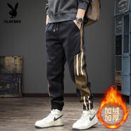 花花公子2025秋冬新款潮牌工裝束腳百搭休閑褲男條紋大碼痞帥哈倫運動(dòng)長(cháng)褲 黑色 加絨 M 合適體重110-130斤