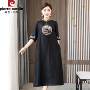 皮爾卡丹（pierre cardin）中國風(fēng)復(fù)古繡花連衣裙女2025年夏季新款中長款香云紗改良旗袍裙子 黑色 L