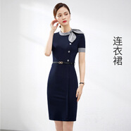 羅蒙空姐制服職業(yè)連衣裙氣質(zhì)秋冬修身女神范美容院售樓部前臺工作服女 藏青色格子短連衣裙 S