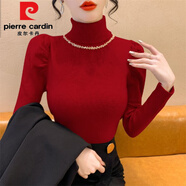 皮爾卡丹（pierre cardin）秋冬新款年高領(lǐng)泡泡袖毛衣針織衫女修身顯瘦打底衫內搭上衣潮女裝 紅色 XL