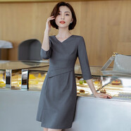 芭妃婭職業(yè)裝女裝套裝2025春夏新款時尚氣質(zhì)名媛連衣裙珠寶店工作服工裝 灰色七-分-袖連衣裙 XL