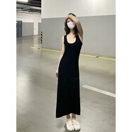 GUOCILRN辣妹性感純欲黑色長款針織裙女春夏新款修身顯瘦背心吊帶裙連衣裙 黑色 均碼
