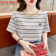 LOVER RUCCI夏季條紋純棉正肩短袖t恤女歐貨上衣2026年新款寬松通勤女裝體恤 白色 L 建議105-120斤