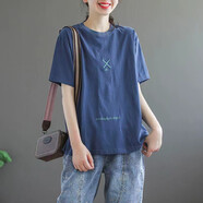 玖卡依短袖t恤女2025夏季新款女裝純棉刺繡圓領(lǐng)體恤寬松文藝半袖上衣女 藍色乘號 L 建議100-115斤
