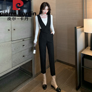 皮爾卡丹背帶褲女2025秋季新款感連體褲顯瘦九分小腳褲哈倫西裝褲子針織 黑色背帶褲版春款 2XL 建議125~135斤