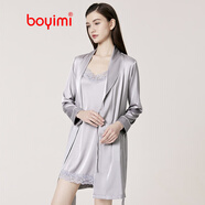 帛依蜜（boYimi）25年新款夏季性感真絲睡衣女火辣款品牌桑蠶絲吊帶睡裙女睡袍套裝 新藍灰(睡裙+睡袍) M