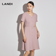 LANDI新款V領系帶連衣裙女高端大氣高級感a字中長款裙子春夏 粉紅色 M
