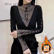 Otto ortee輕奢潮流加絨加厚t恤上衣女重工鏤空時(shí)尚百搭長袖秋冬顯瘦打底衫i 黑色【166加厚】 加絨 M【80-110斤】