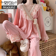 莫代爾公主風(fēng)睡衣套裝女春秋季長(cháng)袖長(cháng)褲甜美可愛(ài)蕾絲和服女日系家居服 粉紅色兩件套 XL【建議110-125斤】