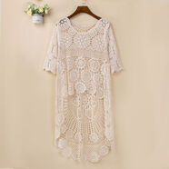 口旋針織衫衣服女新款前短后長(cháng)鏤空中長(cháng)款長(cháng)袖寬松外套外穿 半x袖杏色 均碼 80-140斤