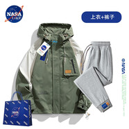 NASALIKE官方外套男秋冬季山系休閑戶(hù)外連帽夾克男女大碼工裝男士沖鋒上衣 軍綠色+灰色褲子 3XL （建議140-160）