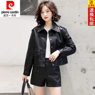 皮爾卡丹（pierre cardin）24年新款皮衣女春秋休閑外套短款寬松時尚洋氣皮衣夾克小個子外套 黑色 L 建議105-118左右