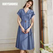 ROEYSHOUSE羅衣高級(jí)通勤連袖大擺連衣裙初夏新款V領(lǐng)藍(lán)色系帶中長(zhǎng)裙10183 藍(lán)色 S
