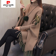 皮爾卡丹（pierre cardin）2024新款高領(lǐng)毛衣女秋冬慵懶風(fēng)寬松中長(zhǎng)款流蘇針織蝙蝠衫斗篷外套 棕色 L