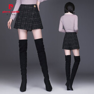 皮爾卡丹（pierre cardin）小香風(fēng)半身裙女秋冬新款粗花呢包臀裙高腰顯瘦毛呢格子a字短裙褲 黑格色 M 【建議90-100】