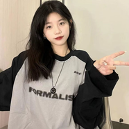 美式復(fù)古插肩長袖t恤女2022秋季新款韓版bf寬松百搭顯瘦情侶上衣 黑灰色 2XL