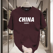 賓色（BINSE）短袖T恤男夏季新款男裝短袖極簡設(shè)計感半袖印花圓領(lǐng)寬松潮牌上衣 酒紅色 3XL適合170-190斤