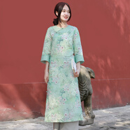 亂在江南中式盤(pán)扣苧麻印花連衣裙早秋裝新款民族風(fēng)新品女裝圓領(lǐng)碎花裙 綠花 L