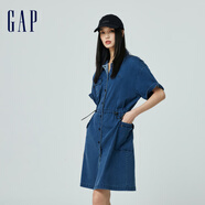 GAP女裝春季松緊收腰短袖紐扣牛仔連衣裙工裝裙872417 深藍(lán)色 XS (155/76A)亞洲尺碼