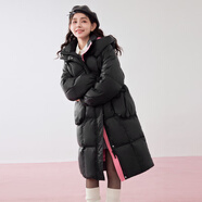 樂町羽絨服女長款連帽寬松保暖冬季新款韓系軟萌肌理厚外套 黑色（預(yù)售） S