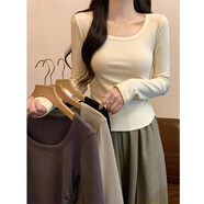 LDBE長(cháng)袖t恤女方領(lǐng)秋冬內搭獨特別致打底衫正肩純色修身新款春秋上衣 奶白色 M