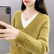 吻璦針織衫女2025年秋冬裝新款毛衣女士毛毛v領(lǐng)女裝打底衫內搭 秋香黃 均碼