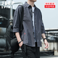 JEEP SPIRIT吉普外穿襯衫男百搭純色韓版長袖男七分袖夏季休閑上衣男襯衣工裝 淺灰色8829（七分袖） M