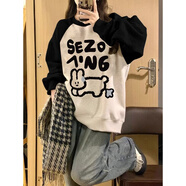 薩姆依黑灰插肩袖衛(wèi)衣女學(xué)生秋冬季獨(dú)特別致設(shè)計(jì)感小眾寬松圓領(lǐng)長(zhǎng)袖上衣 黑拼白灰【加絨加厚】 M
