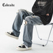 Cebrodz法國 牛仔褲男破洞男士秋季休閑百搭直筒褲子高街寬松闊腿男裝 復(fù)古藍(lán) XL