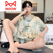 貓人（MiiOW）國風(fēng)睡衣男士春夏季2025新款仿真絲短袖青少年學(xué)生絲綢家居服套裝 861 XL碼 (建議身高175左右，體重130